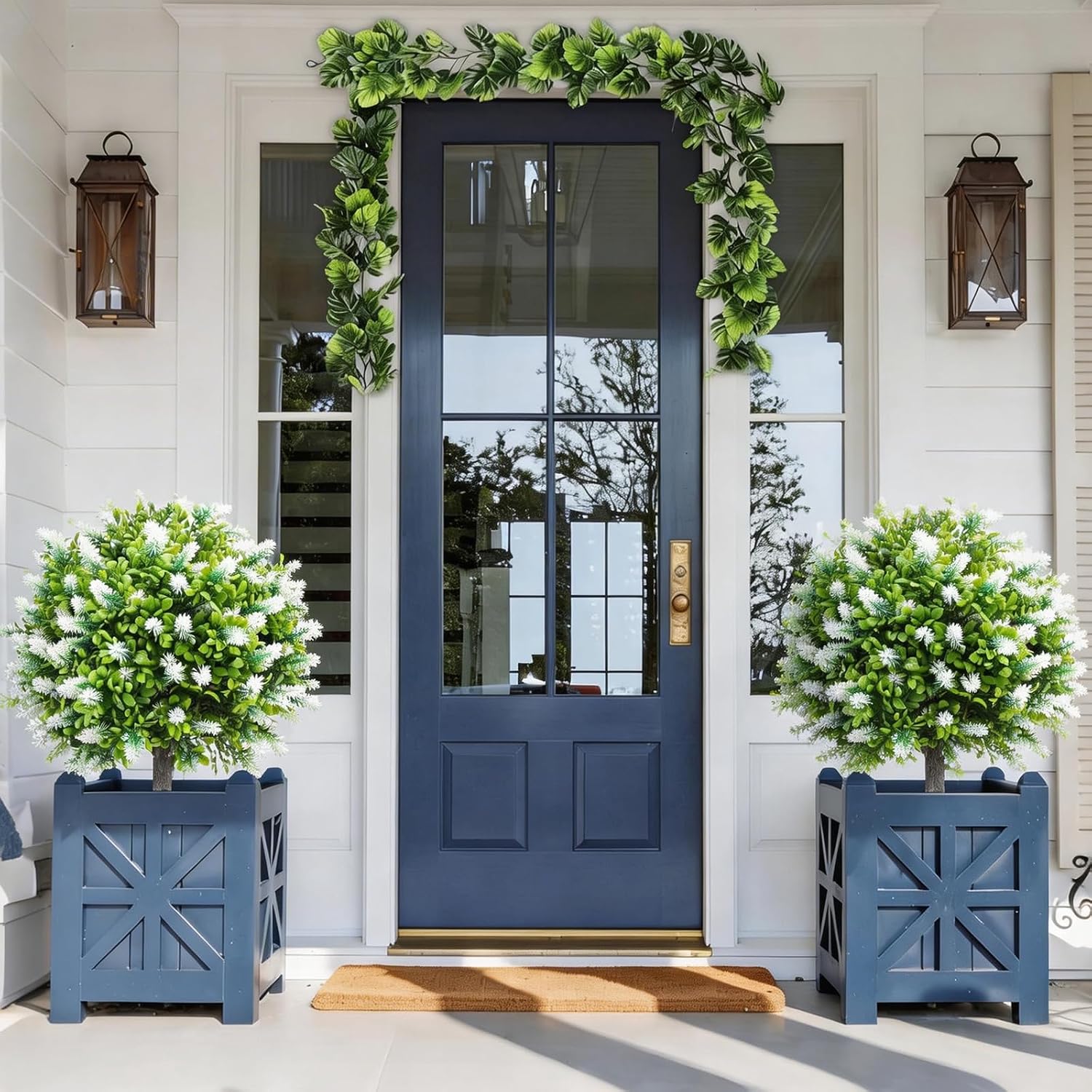 2 Pack 25" Artificial White Lavender Topiary Ball Trees for Outdoors, UV Resistant Faux Evergreen Shrubs with Ground Spikes, Fake Bush Ball Plants for Front Porch, Patio, Garden, Indoor Outdoor Decor