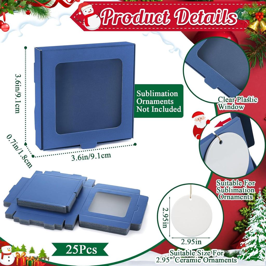 Dunzoom 25 Pcs Sublimation Ornament Blanks Gift Box 3.6"x3.6"x0.7" Christmas Ornaments Holder Ceramic Discs Packaging Box with Window for Personalized Xmas Tree Blanks Bulk (Dark Blue)