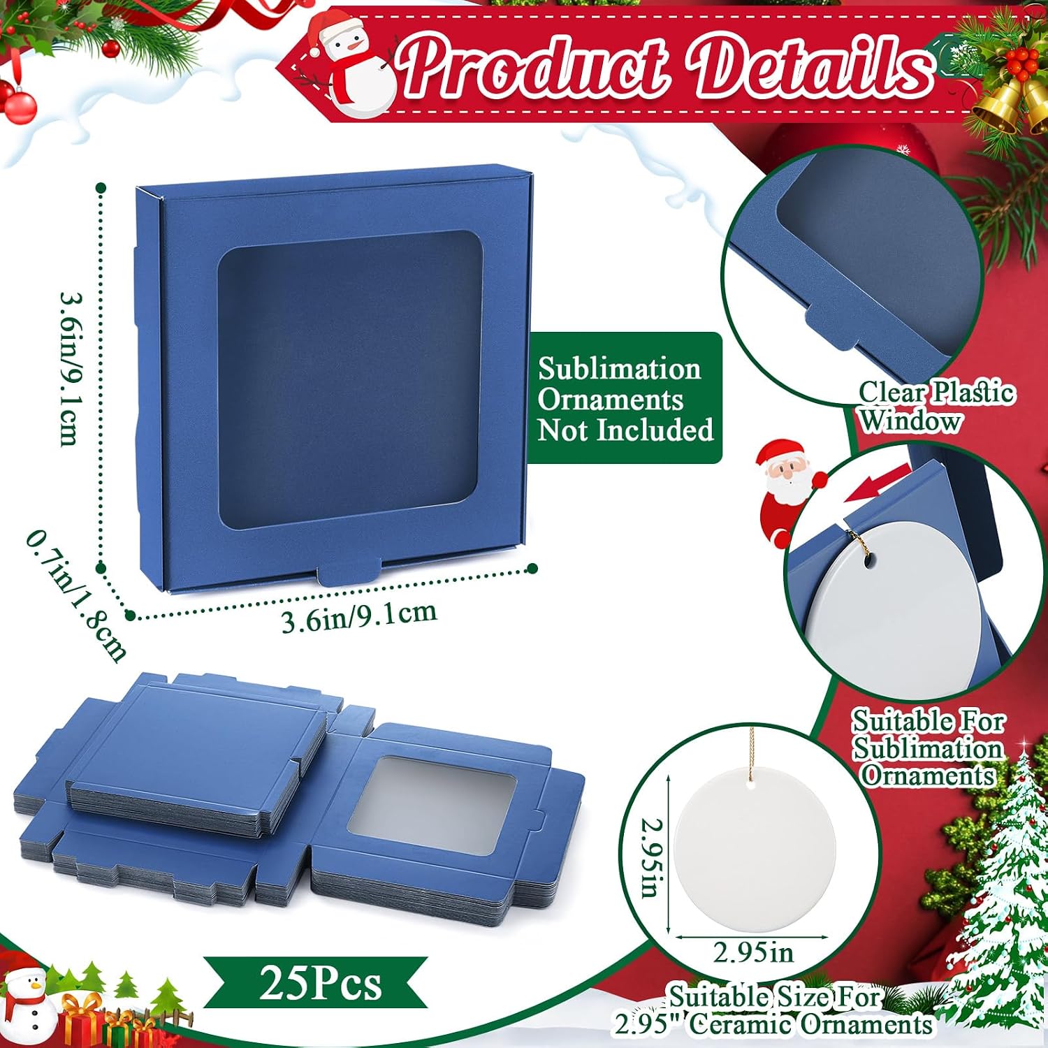 Dunzoom 25 Pcs Sublimation Ornament Blanks Gift Box 3.6"x3.6"x0.7" Christmas Ornaments Holder Ceramic Discs Packaging Box with Window for Personalized Xmas Tree Blanks Bulk (Dark Blue)