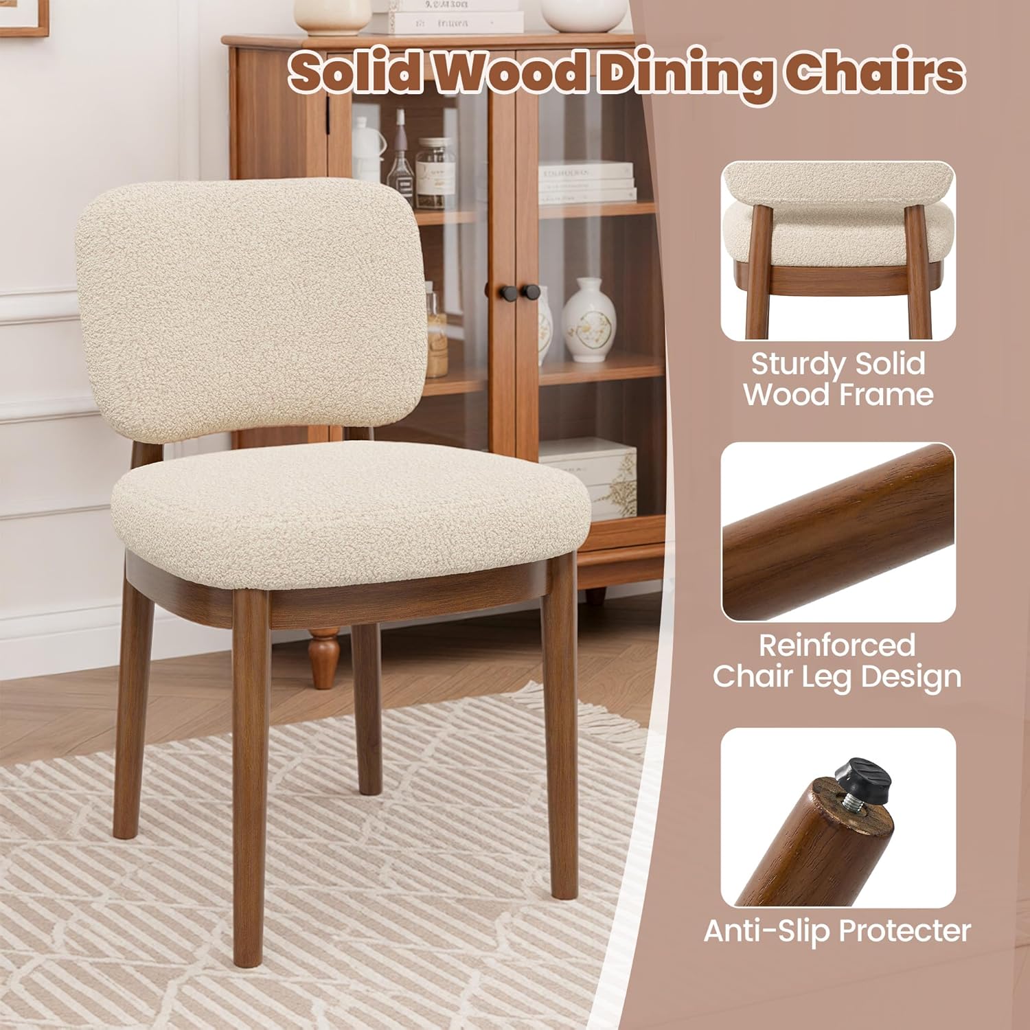 Wooden Dining Chairs Set of 6, Boucle Upholstered Kitchen Chairs with Solid Wood Legs, Mid Century Modern Dining Chairs, Farmhouse Side Chair with Hardwood Frame for Dining Room, Beige