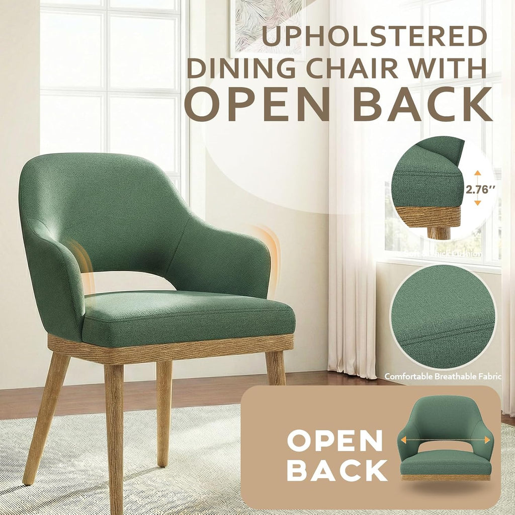 MALOL Wooden Dining Chairs Set of 2, Modern Fabric Upholstered Dining Room Chair, Kitchen Side Chairs, Farmhouse Dinner Chair with Open Back for Kitchen, Green