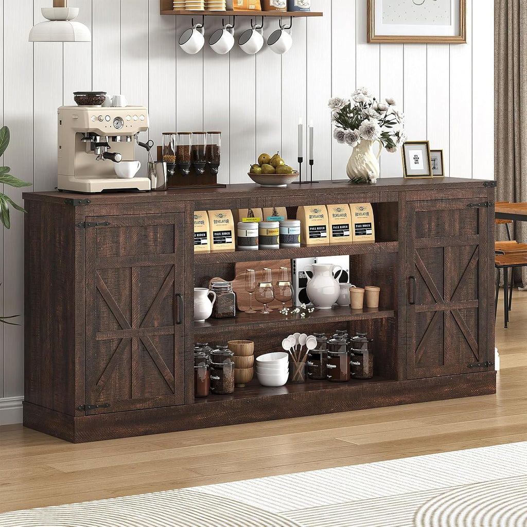 XVD 75" Farmhouse Coffee Bar Cabinet with Charging Station, Sideboard Buffet Cabinet with Large Storage, Wood Buffet Storage Cabinets with Adjustable Shelves for Kitchen, Living Room, Brown