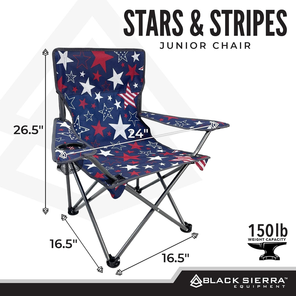 Black Sierra Kids Patriotic Camping Chair, Folding USA Flag Seat for Children, Supports 150 lbs, Portable Outdoor Chair with Carry Bag and Cupholder for Ages 3–10 for Beach, Sports, Travel, Backyard