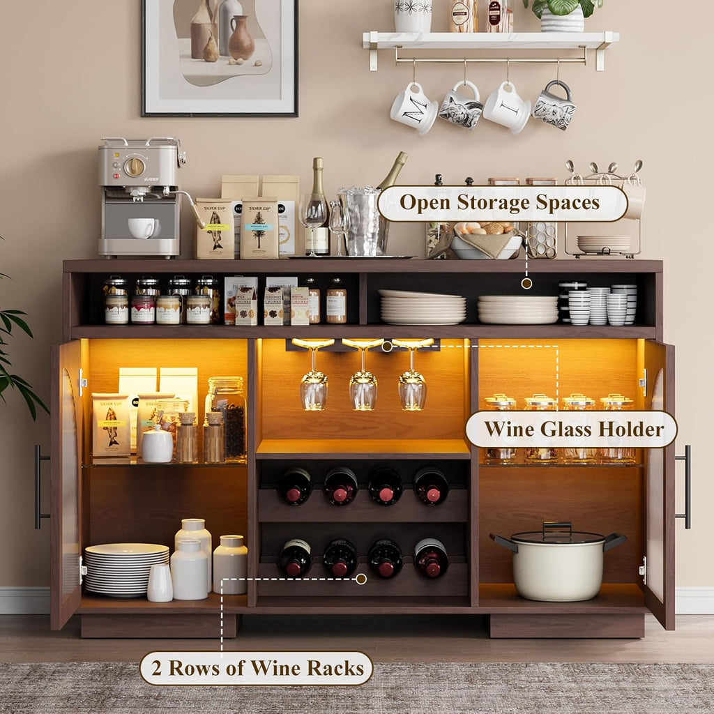 54" Coffee Bar Cabinet with Storage, LED Lights and Arched Glass Doors | Brown Wine Bar Cabinet w/ Wine Rack and Adjustable Shelves, Wood Grain Top for Kitchen, Home Bar, Dining Room, Living Room