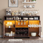 54" Coffee Bar Cabinet with Storage, LED Lights and Arched Glass Doors | Brown Wine Bar Cabinet w/ Wine Rack and Adjustable Shelves, Wood Grain Top for Kitchen, Home Bar, Dining Room, Living Room