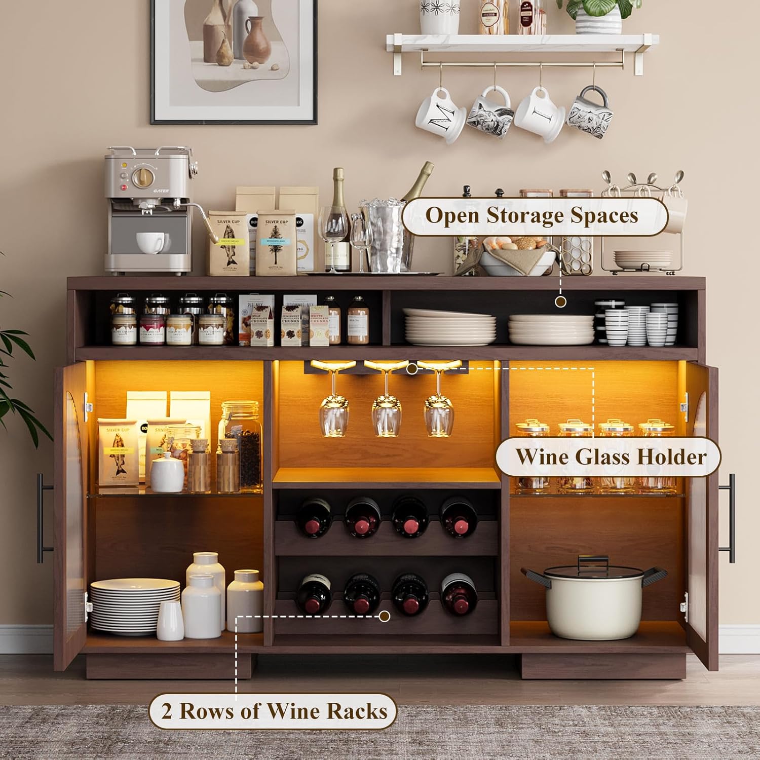 54" Coffee Bar Cabinet with Storage, LED Lights and Arched Glass Doors | Brown Wine Bar Cabinet w/ Wine Rack and Adjustable Shelves, Wood Grain Top for Kitchen, Home Bar, Dining Room, Living Room