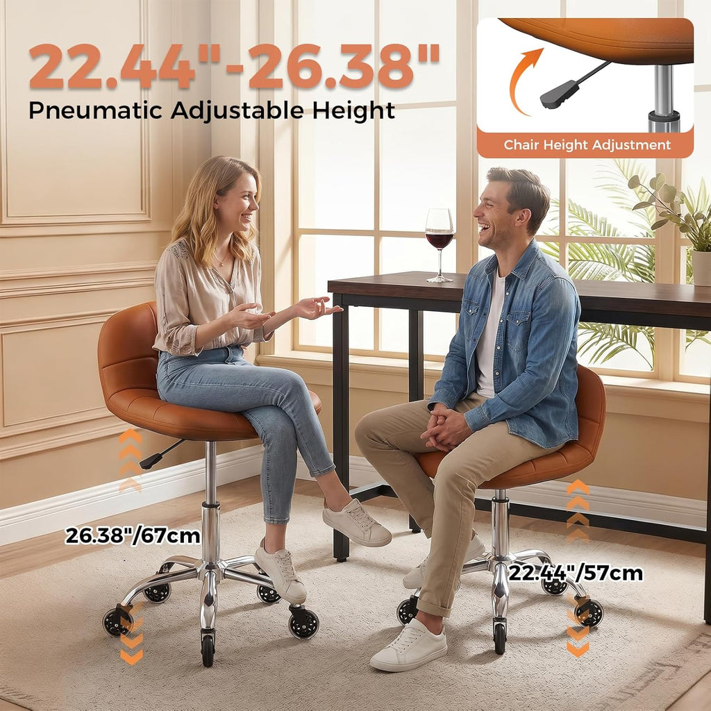 Rolling Stool Chair with Wheels, Height Adjustable Stool with Back Support, Office Drafting Chair with PU Leather Cushion for Home Office Kitchen Vanity Salon Garage Tattoo Dentist Esthetician(Camel)