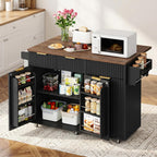 CHOEZON Mobile Kitchen Island with Folding Drop Leaf Countertop, Rolling Kitchen Island Cart with Trash Can Storage, Drawers, Adjustable Shelf, Spice Rack, Towel Bar, for Kitchen, Black and Walnut