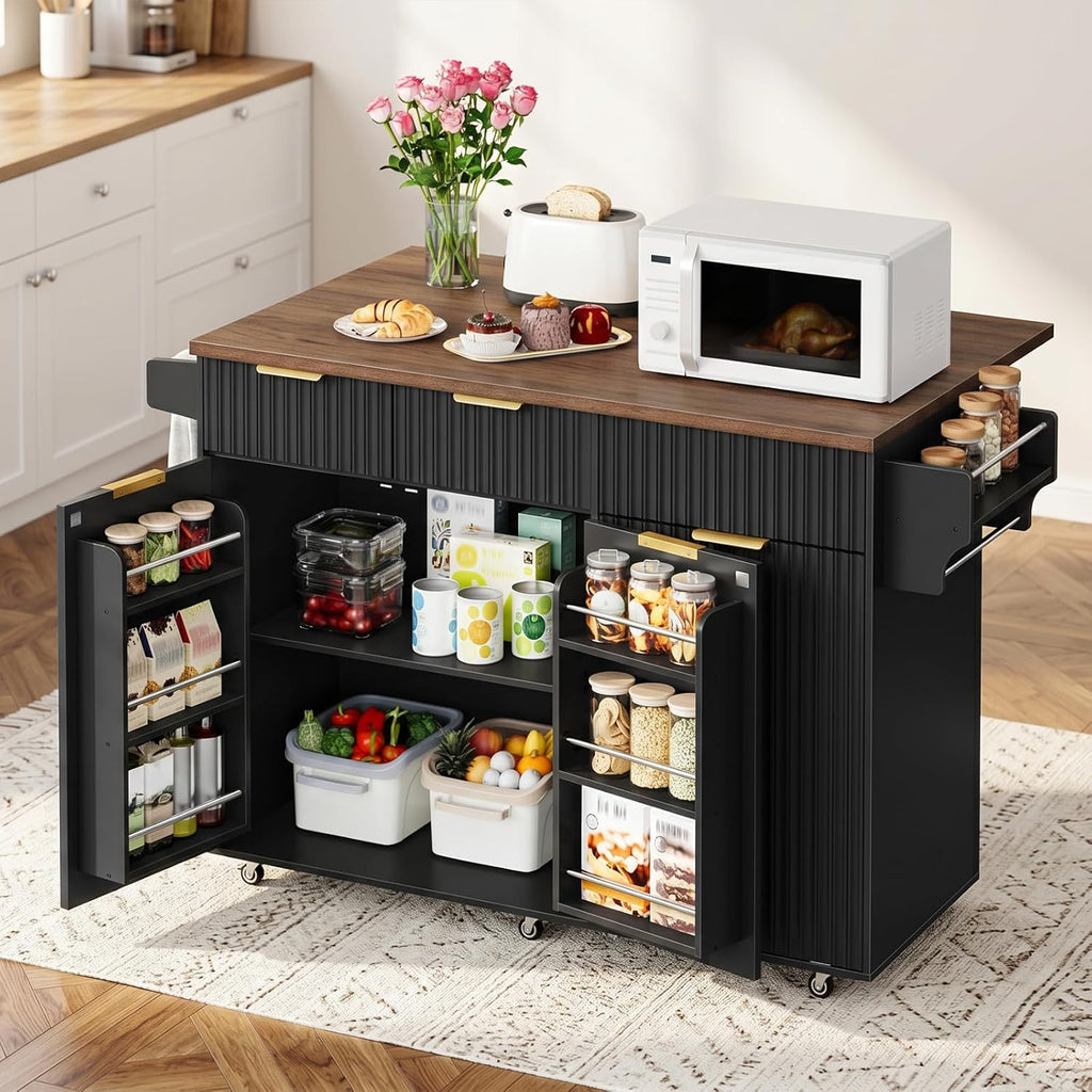 CHOEZON Mobile Kitchen Island with Folding Drop Leaf Countertop, Rolling Kitchen Island Cart with Trash Can Storage, Drawers, Adjustable Shelf, Spice Rack, Towel Bar, for Kitchen, Black and Walnut