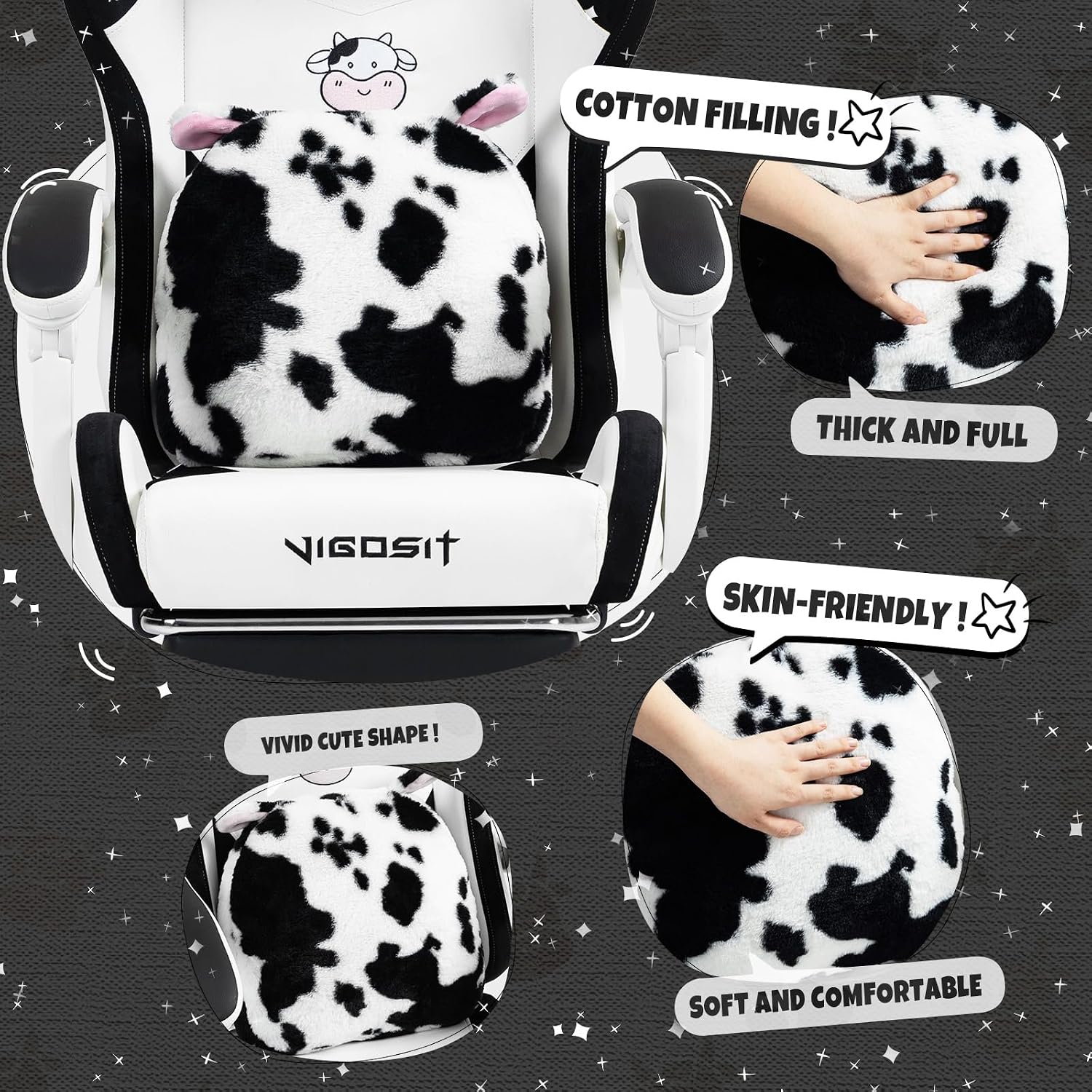 Vigosit Black and White Cow Gaming Chair with Footrest, Ergonomic Cute Gamer Chair for Girls, Comfortable Computer Desk Chair for Adults Teens