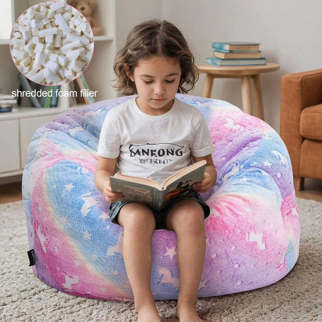 COMAX Bean Bag Chair for Kids, Toddler Beanbag Bed Unicorn, Convertible Children Bean Chair to Floor Mattress with Filler, Stuffed Child Bean Bags for Girl Boy Sleeping, Colorful Rainbow