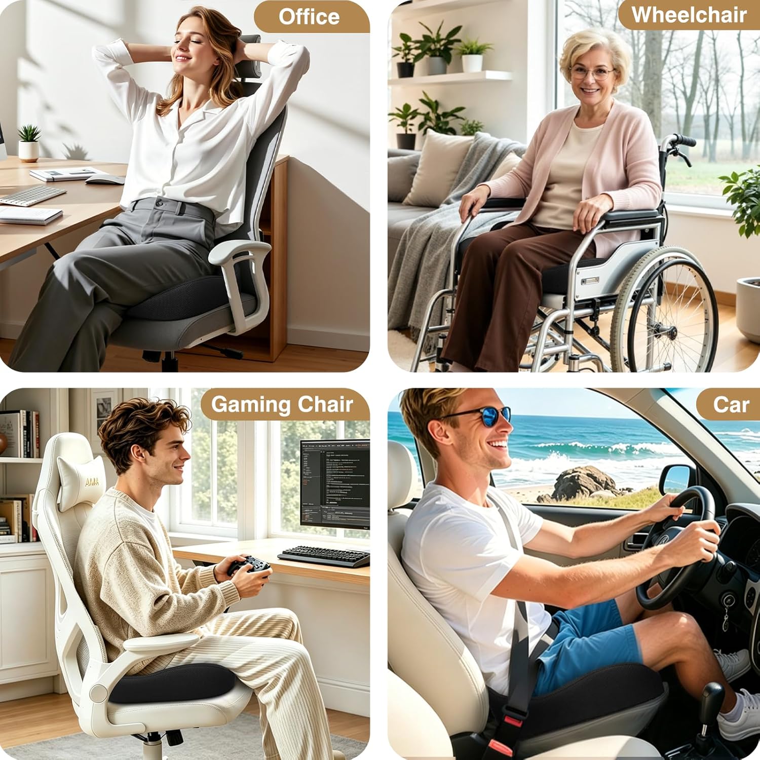 TushGuard Ergonomic Seat Cushion with Coccyx Cutout - 4-Zone Structure Office Chair Cushions for Tailbone Pressure Relief, Non-Slip Chair Pad with Washable Cover for Car, Office, Wheelchair, Black