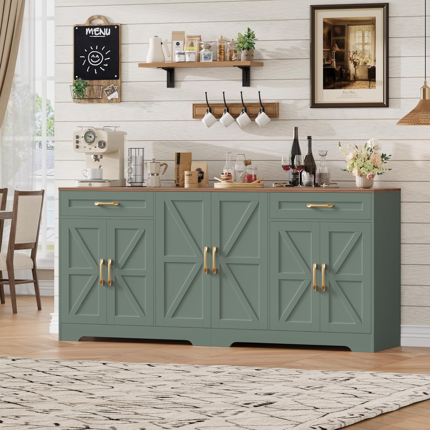 BOTLOG 71” Large Sideboard Buffet Cabinet with Storage, Farmhouse Kitchen Buffet Cabinet with Adjustable Shelves and 6 Barn Doors, Wood Coffee Wine Bar Console Table for Kitchen, Dining Room, Green