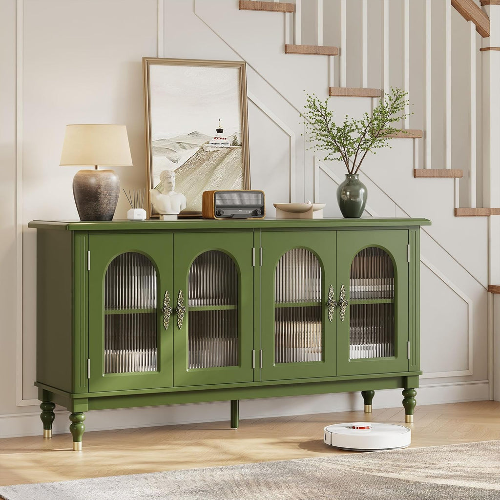 iPormis Fluted Arched Buffet Cabinet with Storage, 59" Vintage Sideboard with Glass Door & Adjustable Shelves, Mid Century Modern Solid Wood Credenza Accent Cabinet for Living Room, Entryway, Green