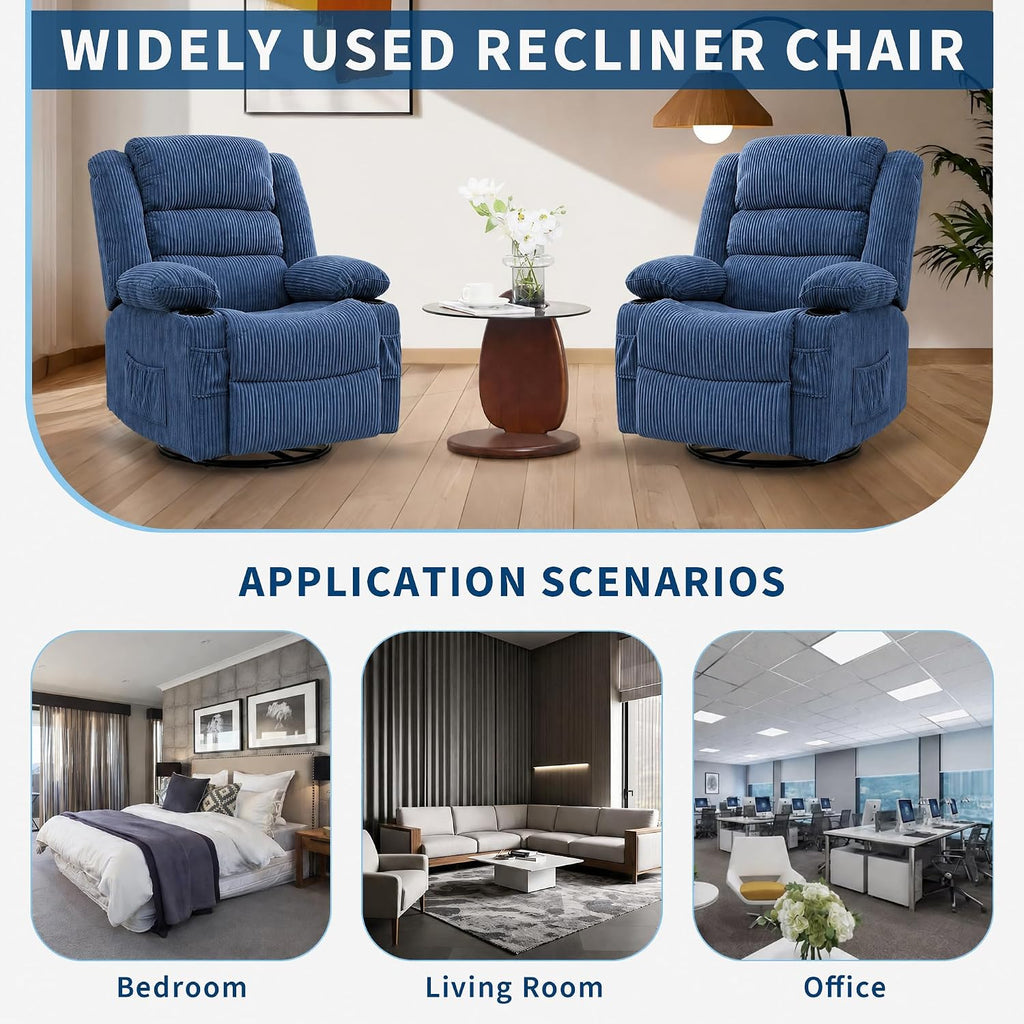 Rocking Recliner Chair for Adults Wide 360° Swivel Rocker Recliner with Cup Holder Nursery Glider with Upholstered Deep Seat Corduroy Comfy Single Sofa for Living Room Blue