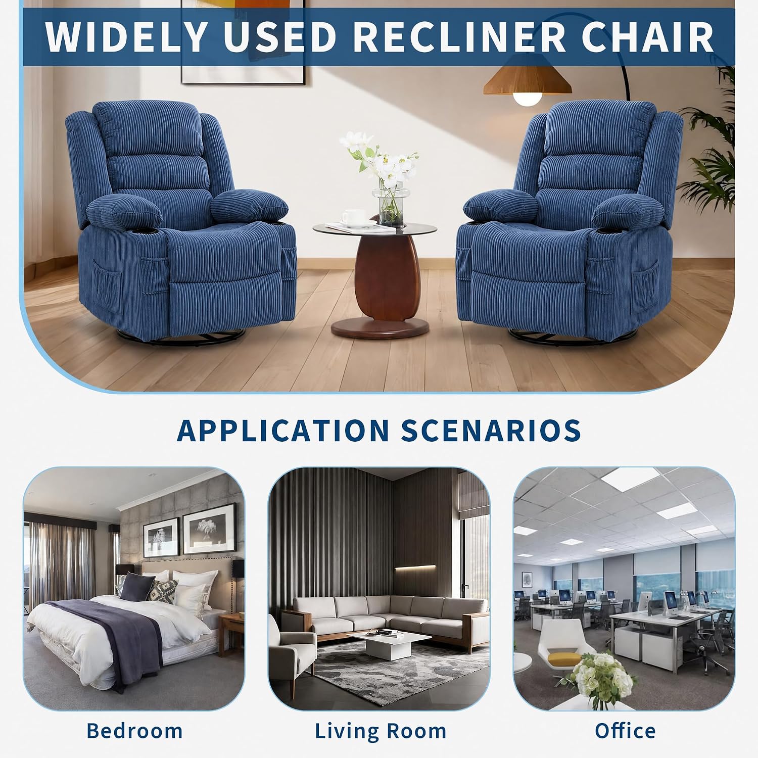Rocking Recliner Chair for Adults Wide 360° Swivel Rocker Recliner with Cup Holder Nursery Glider with Upholstered Deep Seat Corduroy Comfy Single Sofa for Living Room Blue