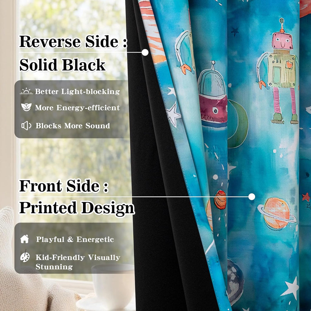 MYSKY HOME Boys Blackout Curtains 84 Inch Long 2 Panels Set 95% Light Blocking Noise Reduction Planet Astronaut Printed Grommet Drapes for Kids Nursery Bedroom Playroom, Each Panel 52" W, Blue
