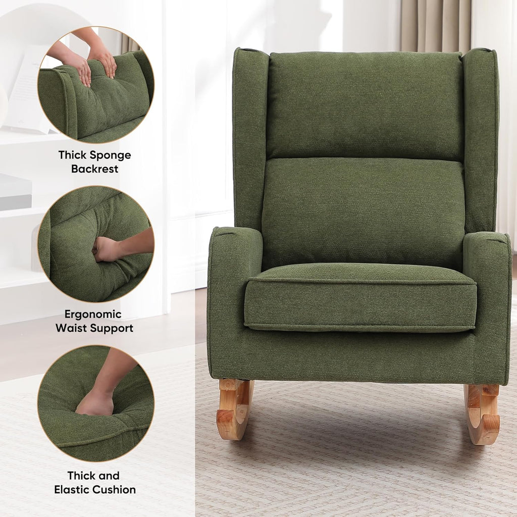 HCHAIRH Nursery Rocking Chairs, Rocking Chair Nursery for Mom Nursery Rocker with High Backrest and Solid Wood Legs, Modern Wingback Accent Rocking Chair for Reading Living Room Bedroom Green