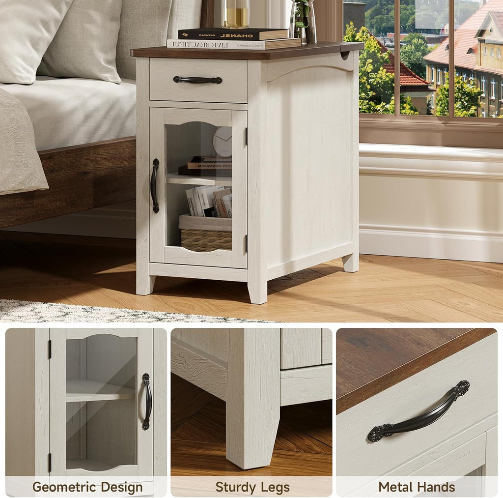 ONBRILL End Table with Charging Station, Narrow Side Table for Living Room, Farmhouse Night Stand with Drawer and Storage Cabinet, Wooden Bedside Table for Small Spaces Living Room, Glass Door (White)