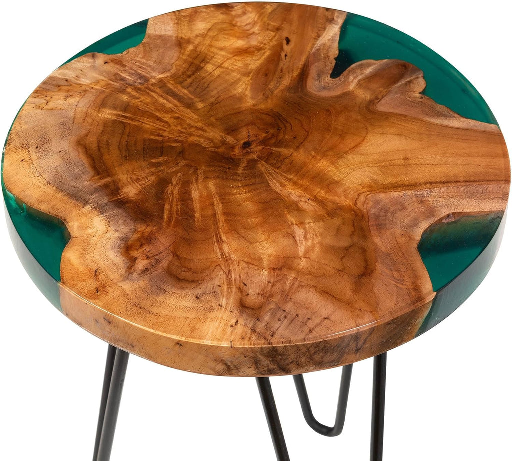 Bali & pari ANAN Teak Wood Epoxy Resin End Table - Round Live Edge Side Table with Black Metal Legs, Handcrafted Modern Rustic Accent Table for Living Room or Bedroom, Round