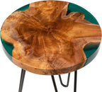 Bali & pari ANAN Teak Wood Epoxy Resin End Table - Round Live Edge Side Table with Black Metal Legs, Handcrafted Modern Rustic Accent Table for Living Room or Bedroom, Round