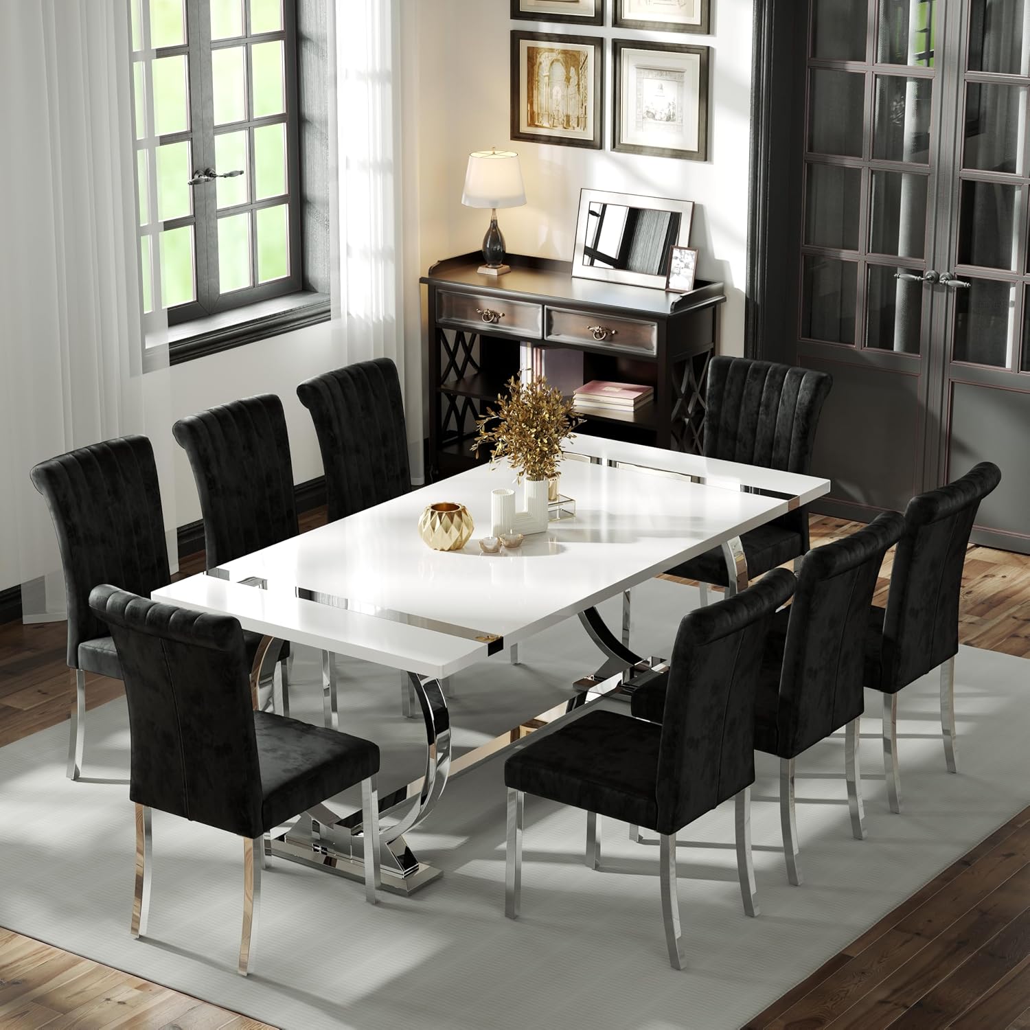 BQueen 78 inch White and Silver Dining Table for 4-8, Luxury Modern White Large Kitchen Table with Chrome Stainless Steel U-Base for Dining Room Kitchen Apartment