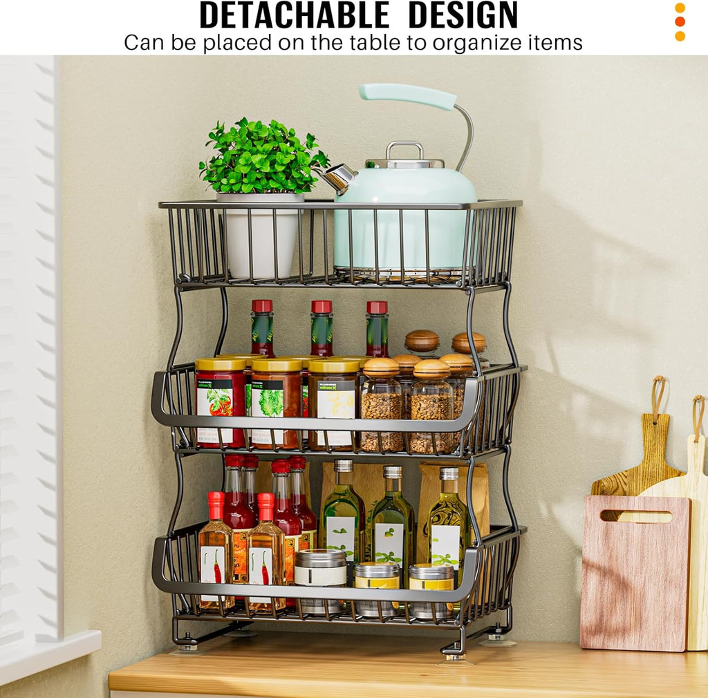 Gsiekare 3-Tier Rolling Pantry Organizer and Storage Cart with Wheels – Stackable Wire Snack Cart for Kitchen, Pantry Shelves and Storage Rack for Fruit, Vegetables, Onion, Potato (1 Pack)