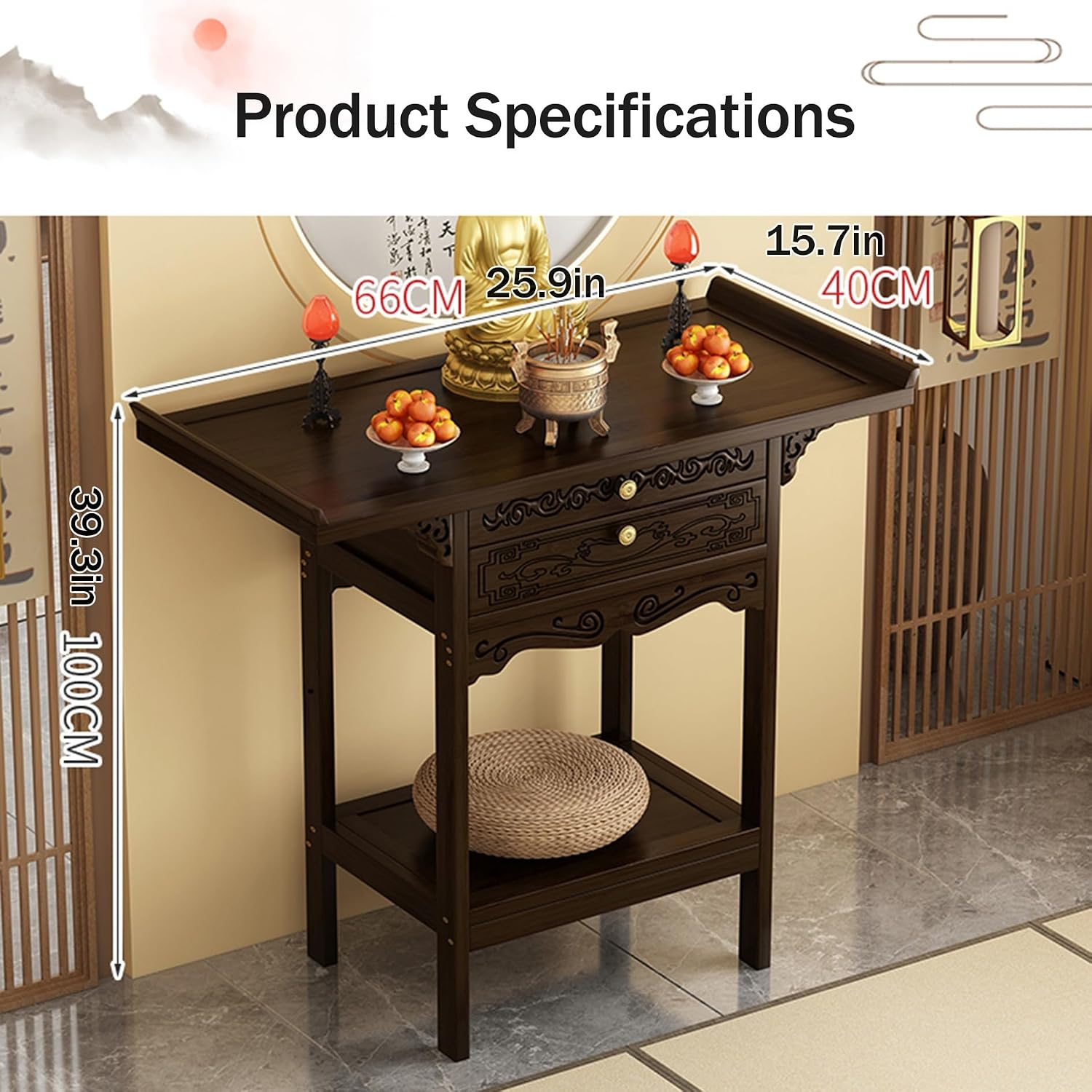 Altar Table,Meditation Table with Storage,Floor Puja Tables for Spiritual,Alter Cabinet with Drawer,Personal Shrine Altar,Buddhist Shrine Prayer Stand Riser,for Home Decor,Witch Wiccan(25.9x15.7x39.3i