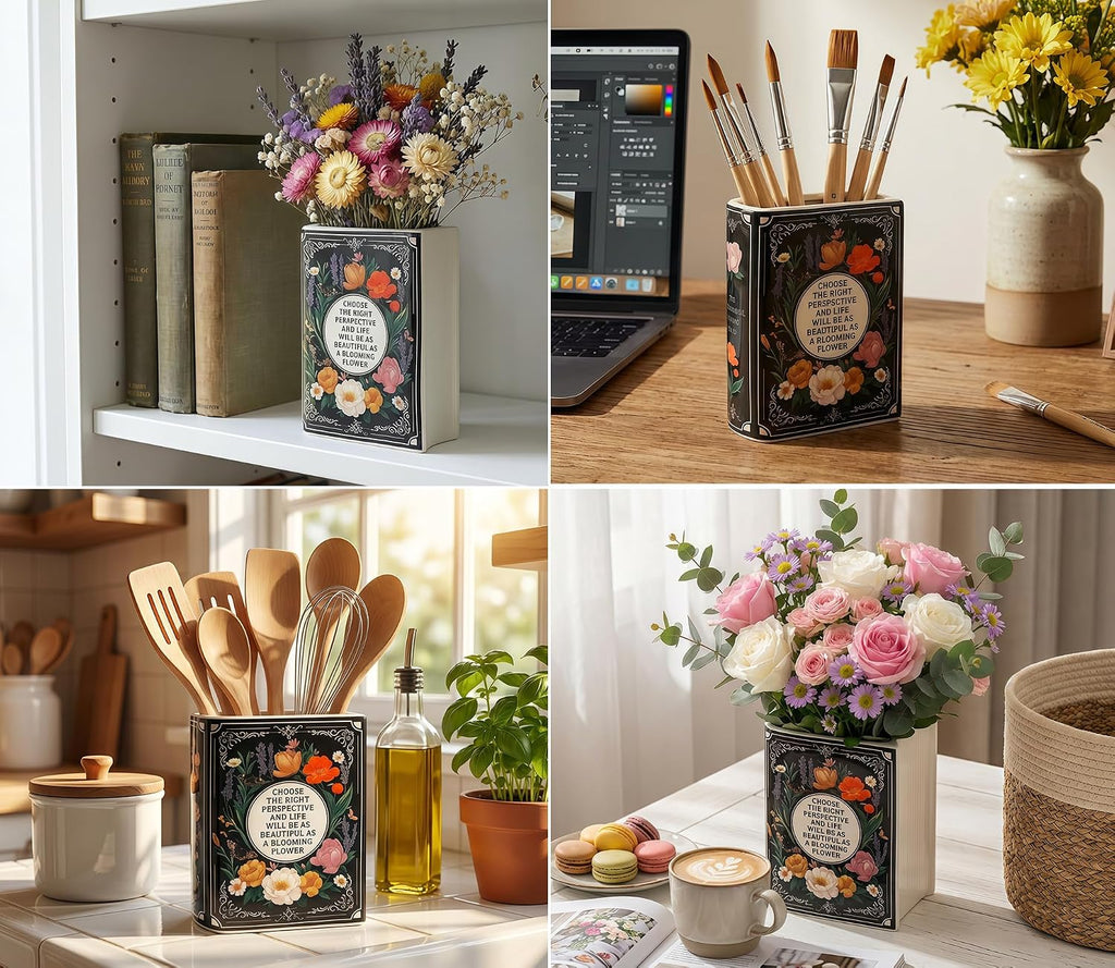 LIFFY Book Vase for Flower Decorative Ceramic Vases Cute Home Decor for Bookshelf Dining Table Desk Office Home Decor Unique Vase for Book Lovers (6.5")