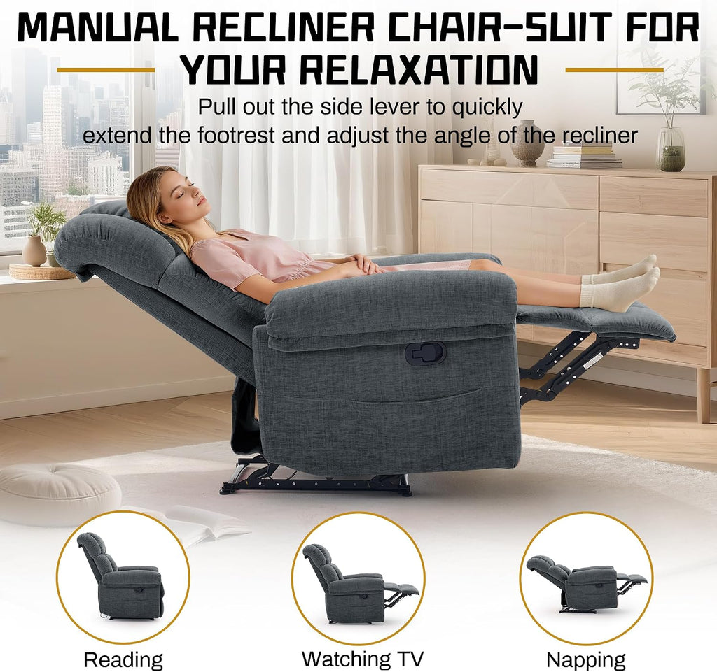 Korser Recliner Chair for Living Room, Manual Recliner with Thick Upholstered & Side Pockets, Small Recliner for Small Spaces, Lounge Chair for Nursery Bedroom Apartment RV, Chenille
