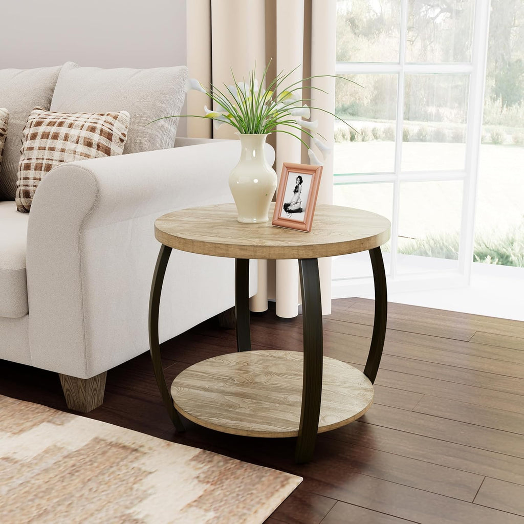 2-Tier Solid Wood Round End Table, American Rustic Circle Side Table Small Sofa Drum Table with Pine Wood Top & Curved Metal Legs for Living Room Bedroom, Natural Wood Color, 23.6" W x 21.7" H