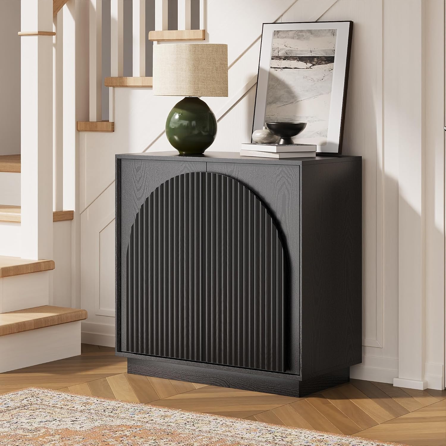 win2win Fluted Sideboard Buffet Cabinet with Storage, 31.5" Modern Accent Cabinet with Double-Layered Arch Doors, Small Wood Console Credenza for Living Room,Dining Room,Entryway,Hallway,Black,1PCS