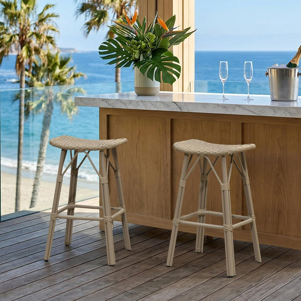 PURPLE LEAF Outdoor Bar Stools Set of 2 Backless 26" Counter Height Rattan Barstools with Saddle Seat and Footrest All Weather Aluminum Bar Chairs for Patio Kitchen Island Pool Balcony, Taupe