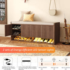 HOMEFORT 47.2" Fluted Shoe Storage Bench, Entryway Bench with Linen Seat Cushion, Shoe Cabinet Bench with Adjustable Shelf and Built-in LED Sensor Light, Bench for Bedroom End of Bed, Walnut