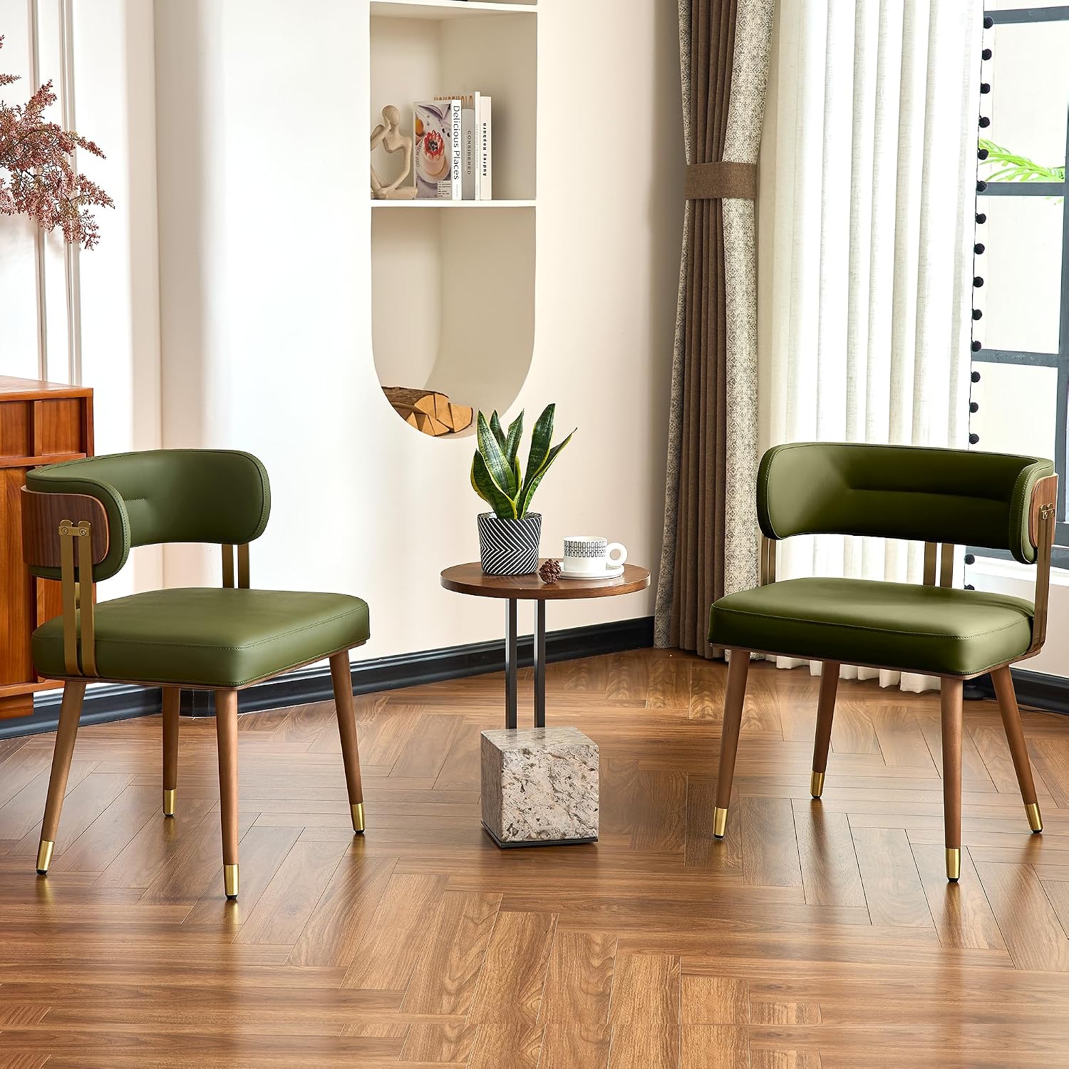 ARTPLAN Walnut Leather Dining Chairs Set of 2 - Modern Kitchen Chairs with High-Resilience Foam Cushion and Stainless Steel Frame for Dining Room, Easy Assembly,Advocado Green