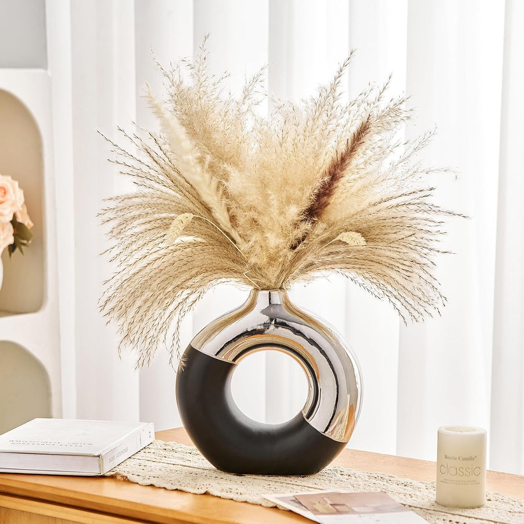 Ceramic Donut Vase, 8" L x 8" H Black and Silver Vase for Pampas Grass, Modern Round Vases for Silver Decor, Ceramic Vase Centerpieces for Wedding, Bedroom, Living Room, Coffee Table, Entryway, Office