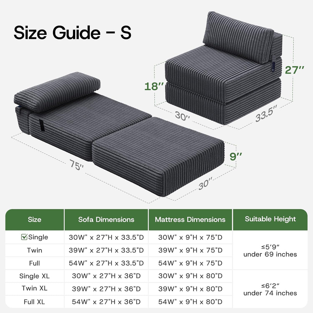 4-in-1 Folding Sofa Bed Convertible Boneless Sleeper Chair Couch Foldable Lounger & Mattress Pocket Coil & Foam Fill Medium Support, Portable No Assembly for Living Room/Bedroom, Single