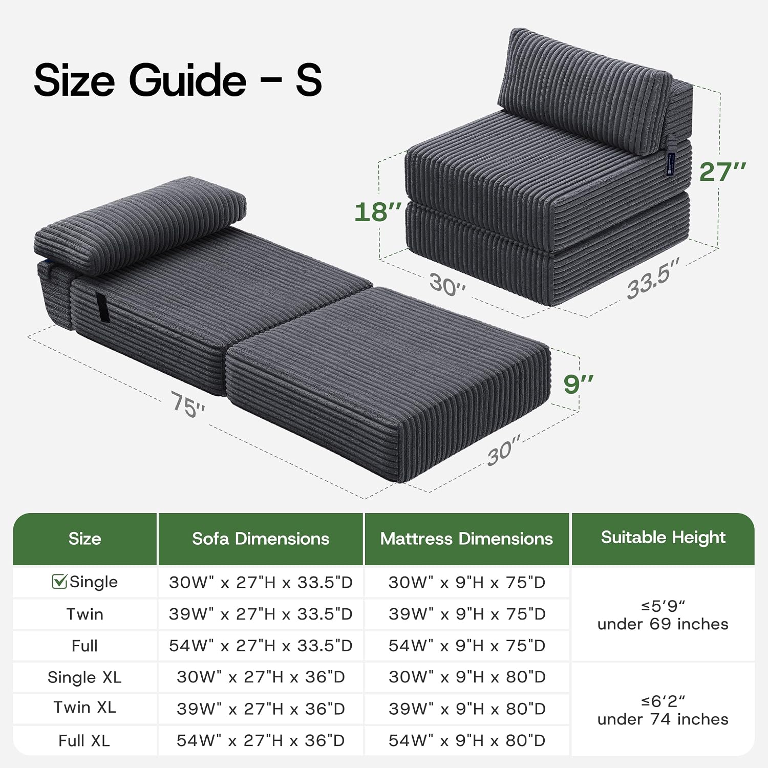 4-in-1 Folding Sofa Bed Convertible Boneless Sleeper Chair Couch Foldable Lounger & Mattress Pocket Coil & Foam Fill Medium Support, Portable No Assembly for Living Room/Bedroom, Single