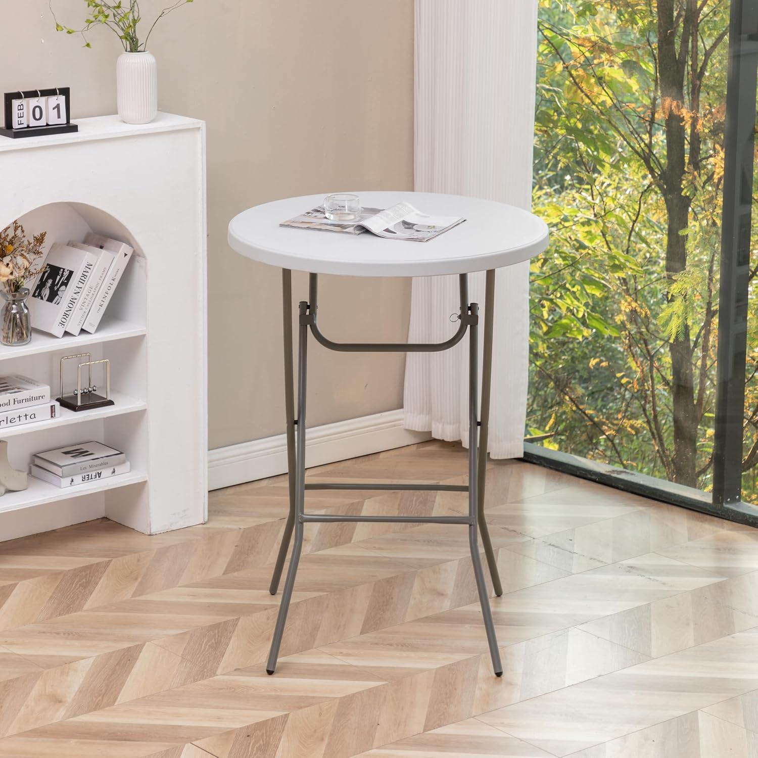 BTExpert 32" Round 43" Bar Height White Granite Plastic Folding Table Portable Commercial Table Banquet Card Coffee Dining Table for Wedding Party Event Home Kitchen Outdoor Set of 4