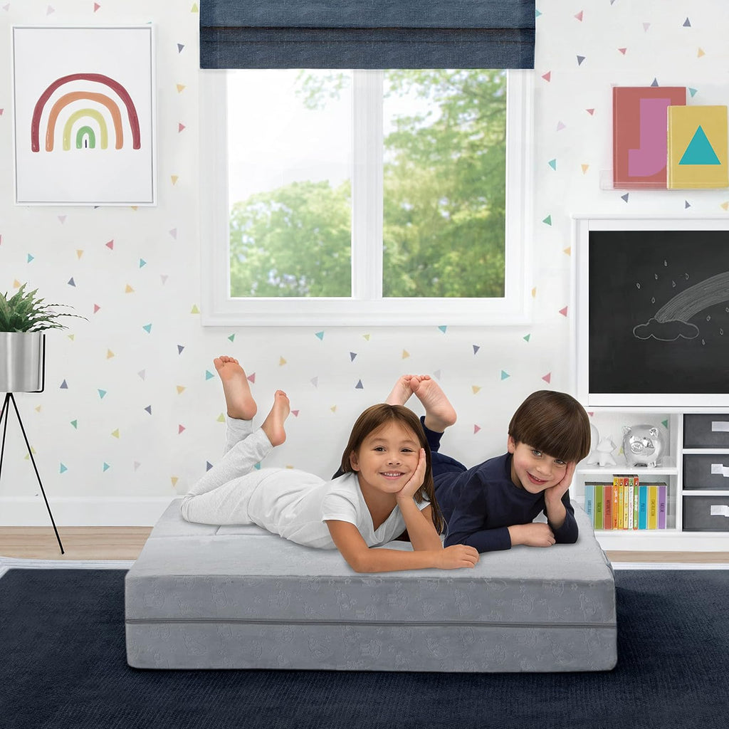 Delta Children Serta Perfect Sleeper Convertible Sofa & Play Set for Kids and Toddlers, Modular Foam Couch and Flip Out Lounger with 2 Ottomans, Grey