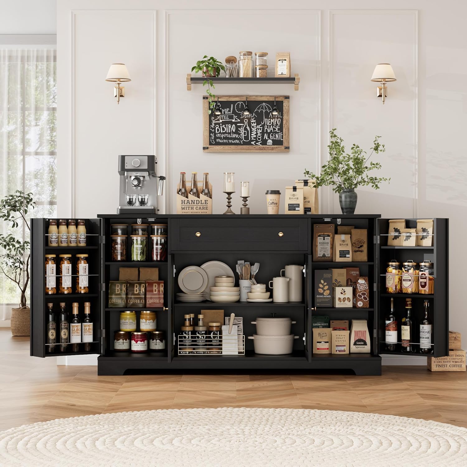 HITHOS 54" Buffet Cabinet with Storage, Modern Kitchen Buffet Sideboard with Drawer, Wood Coffee Bar with Adjustable Shelves, Kitchen Storage Cabinet for Living Room, Black