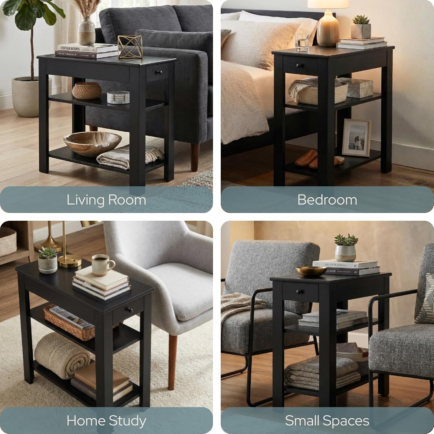 Convenience Concepts Designs2Go Baja Chairside End Table 23.75" - Transitional Narrow 3-Tier Side Accent with Storage Drawer & Shelves for Modern Living or Family Room, Bedroom Nightstand, Black