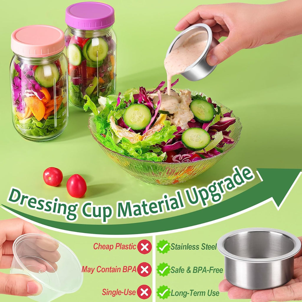 KTKUDY 2 Pack 32 oz Glass Salad Jars with Dressing Cups (Pod) - Meal Prep Salad Container for Lunch - Leakproof Mason Jars with Lids