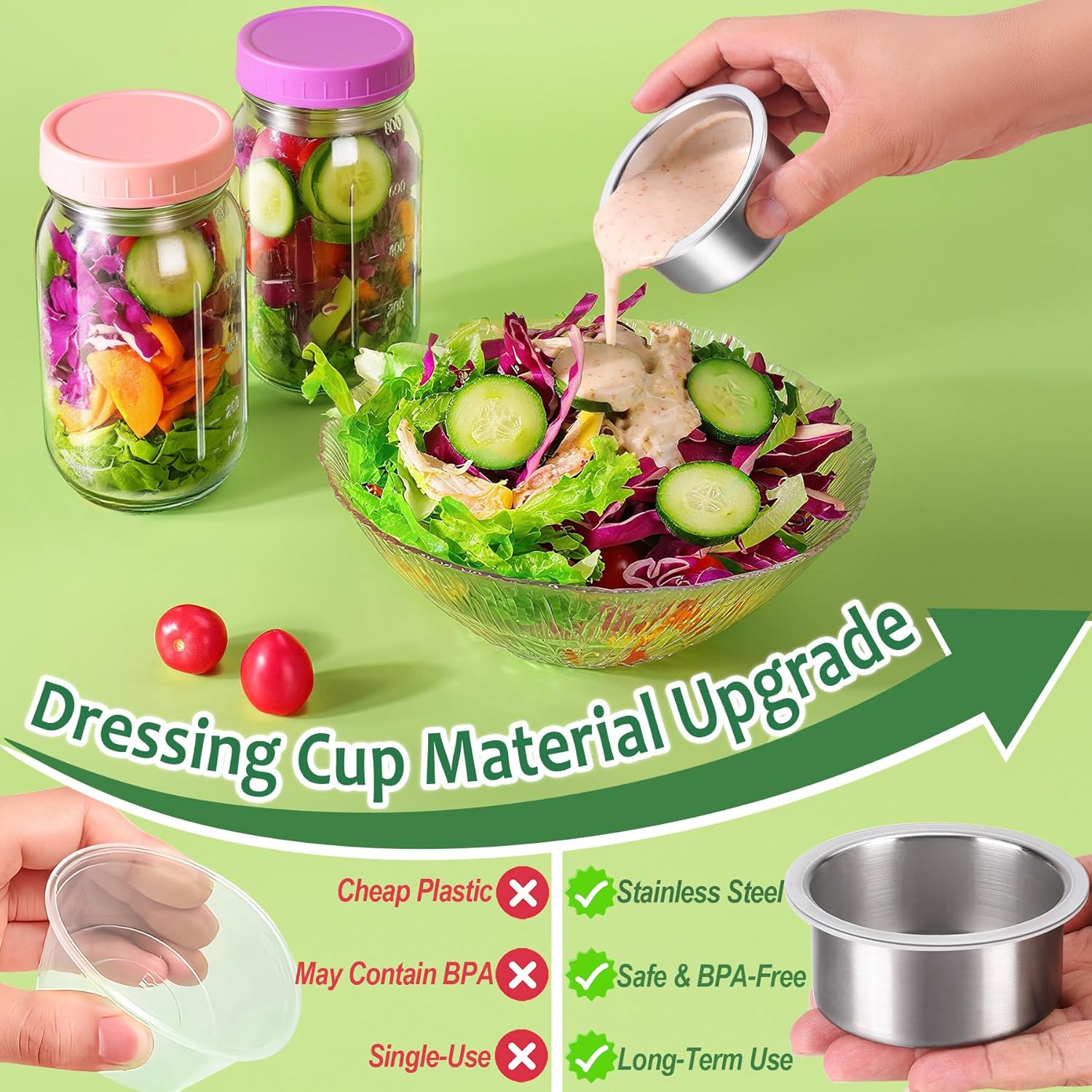 KTKUDY 2 Pack 32 oz Glass Salad Jars with Dressing Cups (Pod) - Meal Prep Salad Container for Lunch - Leakproof Mason Jars with Lids