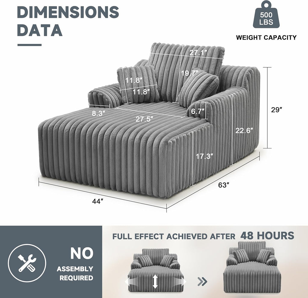 Mangodan 63" Oversized Chaise Lounge Chair Indoor, Boneless Couch Chair with 3 Pillows, Comfy Reading Chair with Wide Arms, No Assembly Required Corduroy Couch, Sleeper Sofa for Living Room, Gray