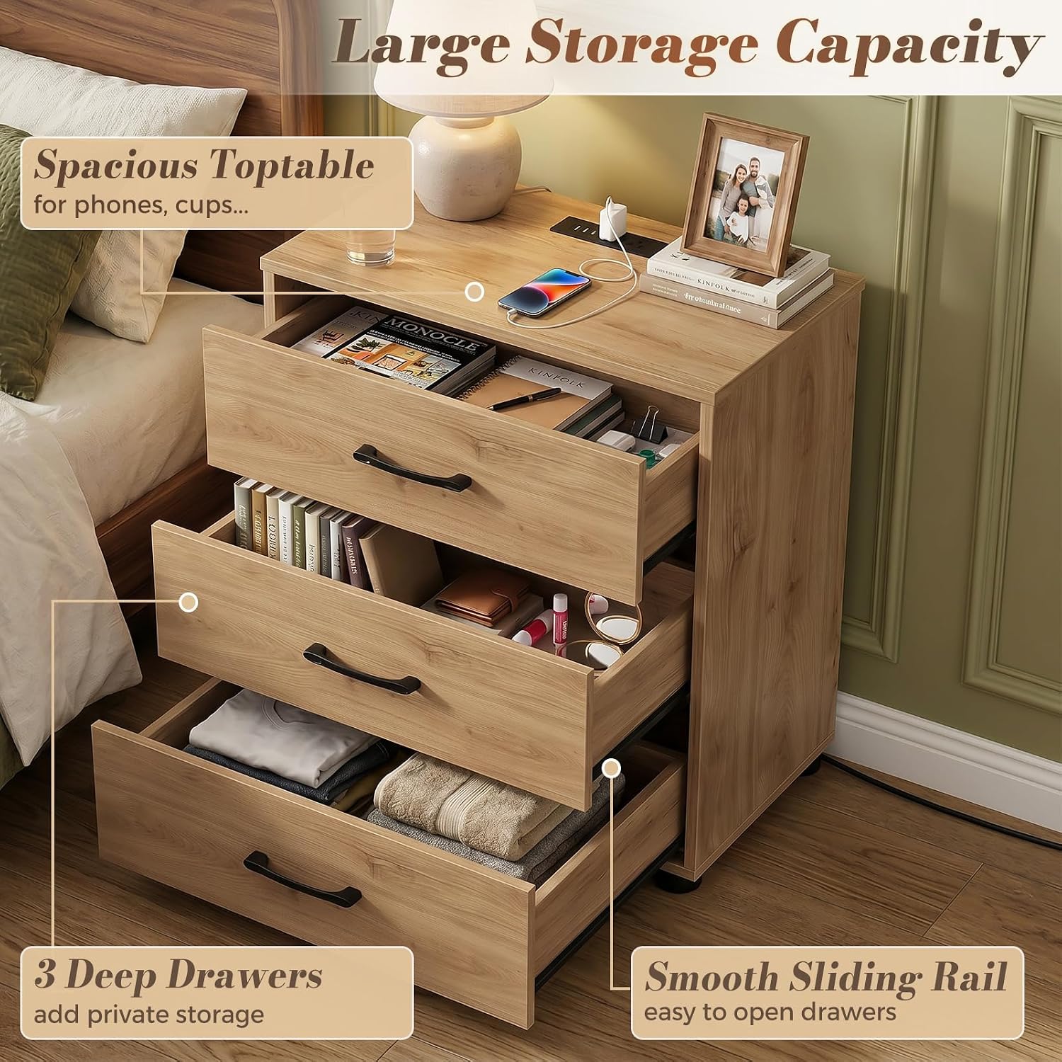 Aheaplus Night Stand with Charger Station, 21.7'' Wider Nightstands with 3 Wooden Drawers, Large Bedside Table, Modern Tall End Side Table, Nightstand for Bedroom, Natural Oak1