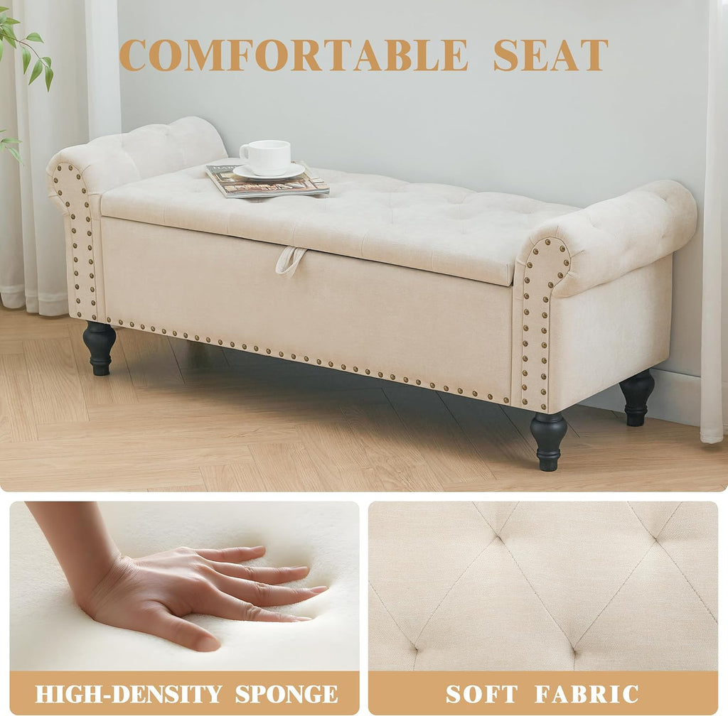 51" Storage Ottoman Bench, End of Bed Bench for Bedroom, Storage Ottomans for Foot of Bed, Chenille Upholstered Benches, Window Benches for Living Room, Entryway, Beige
