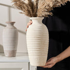 Vaseking Ceramic Natural Rustic Vase, 14.4 Inch Large Vintage Flower Threaded Decorative Farmhouse Tall Vase for Home Decor, Living Room, Shelf Decor, Wedding, Housewarming Gift, Off-White