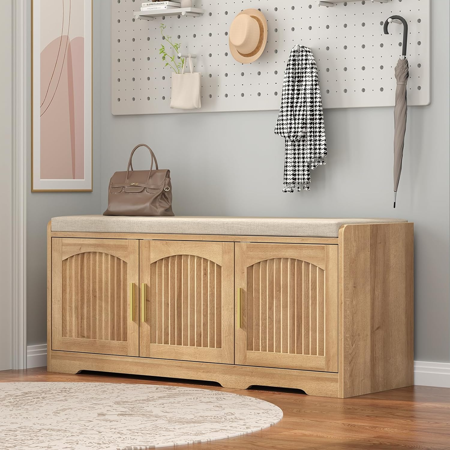 39.4" Shoe Storage Bench with Seating Cushion, Fluted 2-Tier Entryway Bench with 3 Doors & Adjustable Shelves, Shoe Cabinet Bench for Entryway, Hallway, Bedroom and Living Room (Natural)