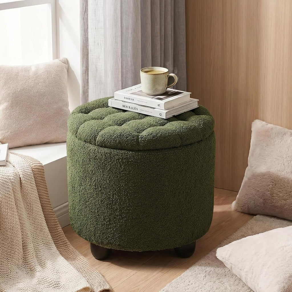 Furniliving Modern Round Storage Ottoman, Upholstered Button Tufted Ottoman Footstool Ottomans with Removable Lid Storage Footstool for Living Room, Bedroom, Makeup Room, Teddy, Green